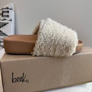 beek Cream Shearling Slide Sandals with Tan Footbed